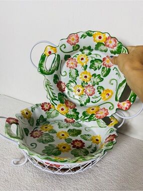 Vintage Temp-Tations Floral Embroidery Hand Painted Ceramic Bakeware Cottagecore